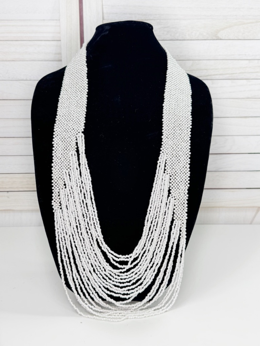 Beaded Potay Bold Waterfall Necklace White Statement‎ Chunky Long Multi Strand